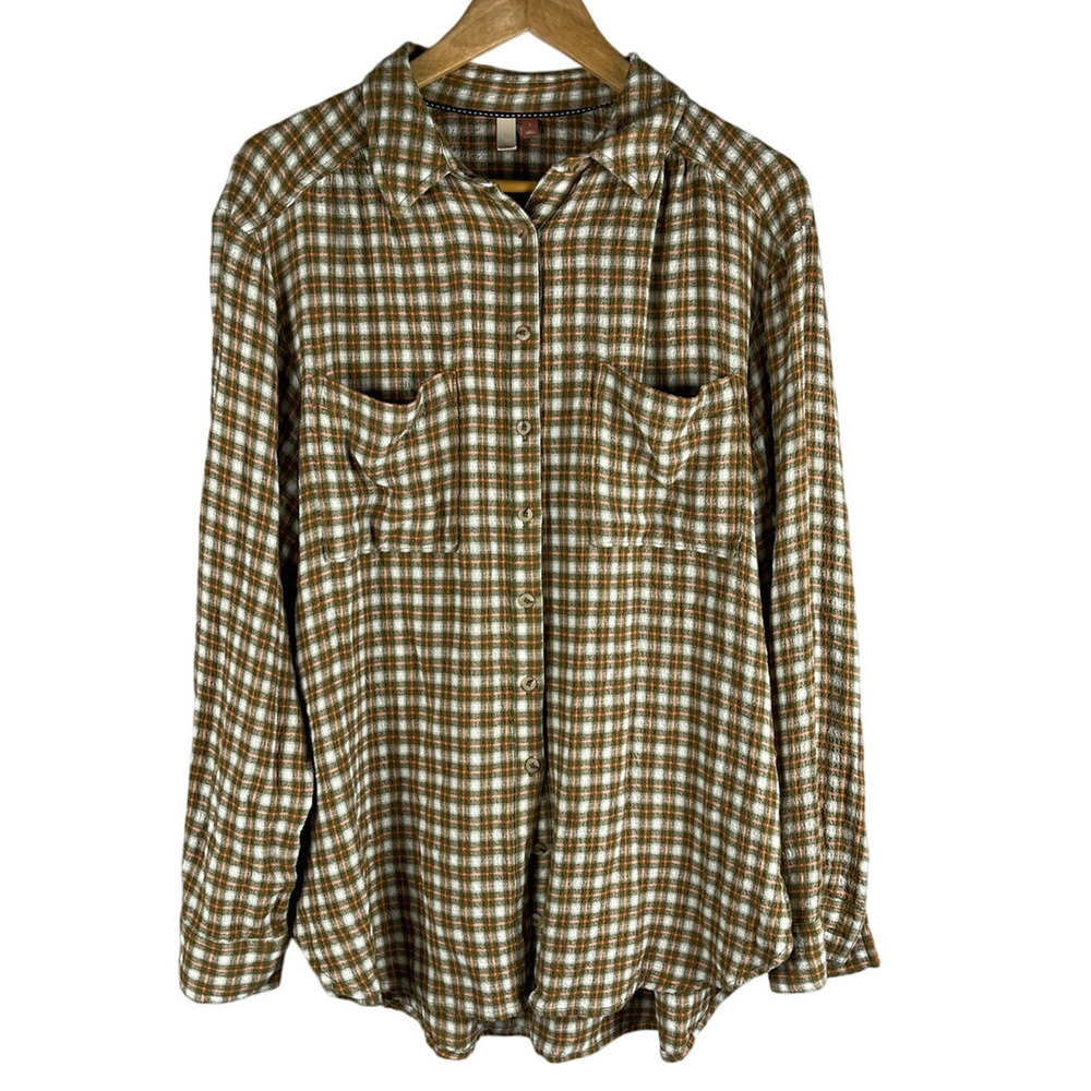 Anthropologie Pilcro Neutral Gauzy Plaid Button-Up Pleated Back Size Small‎